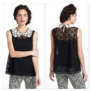 E by Eloise Anthropologie sheer black lace sleeveless top white Peter Pan collar
